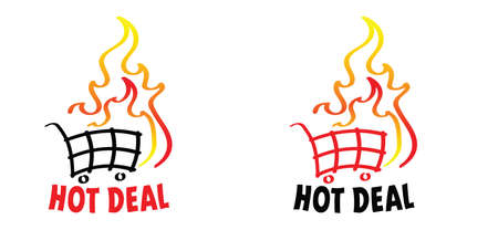 Slogan hot deal! Cartoon burning fire or flame icon. Flat vector deals, Hot sale, price offer deal banner with fire sign. Special tag or badge, business or discount promotion. Fire labels set.のイラスト素材