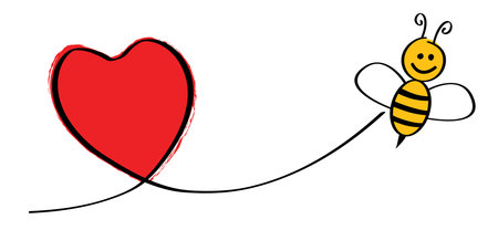 Flying bee route with heart. Love heart symbol. happy bee smile face. Abstract yellow beehive background. Honeycomb cell pattern. Vector sign. Don't worry Be happyのイラスト素材