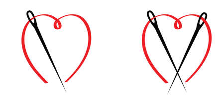 Cartoon needle with thread and slaogan love. Needle icon. Flat black wire vector icon. For sewing clothes. Needle eye symbol. Needlework silhouette line pattern logo.のイラスト素材