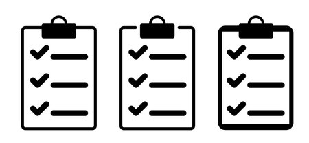 Clipboard with checklist. Metal paper clip binders with board. Cartoon drawing office clip binder clamp. Attached, attach document or file. Vector business or school binding concept, check markのイラスト素材