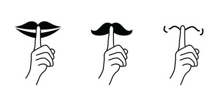 Slogan shhhh sign. Stop, please be quiet icon (psssst ). Forbad, silence no speaking or no talking. Funny vector flat icons silhouette Silent finger over lips or mouth sign. Sound off quote. Secret asking to silenceのイラスト素材