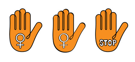 Orange the world. International day for the elimination of violence against women and girls. Cartoon line drawing hands or stop hand gesture. Hand palm icon or symbol. Vector campaign logo.のイラスト素材