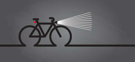 Cycling in the dark, with bicycle lights. World Bicycle Day. Sport cyclist banner, wallpaper or card. Funny vector bike signs. Sports symbols. Clipart cartoon logo.のイラスト素材