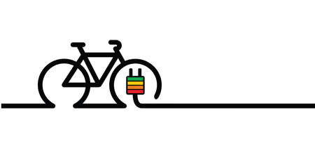 Eco electric bicycle, e-bike charge sign. Electric plug, bike battery charger. Bikes on a bicycle parking, power station charging point symbol. Flat vector ebike signs. mountain biker.のイラスト素材