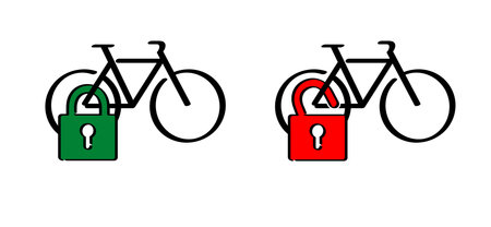 Cartoon sport cyclist with padlock, look or unlook icon. Mobile cycling security rental icon. Funny vector bike sign. Sports symbols. Blocked or unblocked cycling logo or icon. Line pattern.のイラスト素材