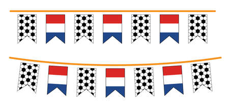 Bright party bunting flag with the flag of the Netherlands. Football net pattern. Soccer ball party bunting flags. Funny vector sports icon. World sports final or school game cup. Dutch or Holland sign.のイラスト素材