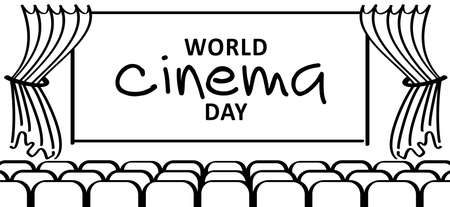 Slogan world cinema day. Theater stage with a curtain. Entertainment, Festival, theater or cinema banner. Rows of cinema or theater seats. empty movie theater auditorium. Flat vectorのイラスト素材