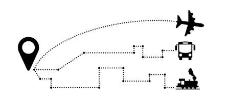 Travel tourism, vacation route, point location holiday symbol. Bus, train and airplane route with pin. Line pattern. Vector pointer map iconのイラスト素材