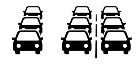 Traffic jam on the road or car rush hours city street. Traffic congestion during rush hour. Flat vector cars on the highway. Car icon. For traffic jams web, app or sign board.のイラスト素材