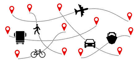 Route with start point GPS. Truck, plane, ship, bike, car and walking person. Cargo delivery, business concept. Vector transportation pin location sign. Line path of transportation.のイラスト素材