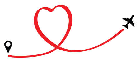 Italy flag, Love Romantic travel airplane line path of air plane flight route with start point icon. Airplane flying. Vector fly pin location pointer route, trace and rack sign. For happy romance holiday fun.のイラスト素材