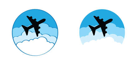 Travel on blue sky or clouds logo. Airplane flying route with cloud icon. Airplane line path or airplane flight. Vector fly location icon. For happy vacation, holiday and tourism.のイラスト素材