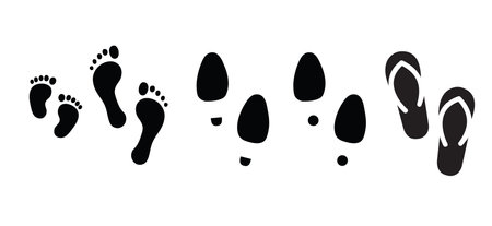Human Walking people footprints, baby feet, bare feet, shoes, slipper and shoe sole signs. Vector footstep silhouette print icons. Kids feets steps footprint for walk person, man or woman.のイラスト素材