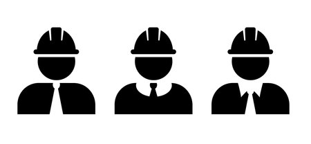 The boss, foreman manager or business man. Construction worker in protective clothing and helmet. Person profile with safety helmet. Flat vector sign. Icon logo icon. Safety vest and equipment.のイラスト素材