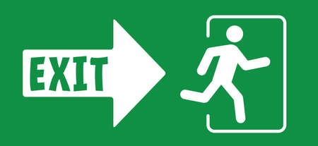 Arrow exit route. Signpost leave or enter. Emergency exit sign. Evacuation fire escape door. Flat vector green icon or pictogram. Symbol of fire exigency.のイラスト素材