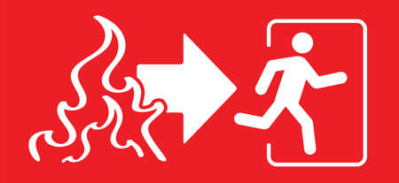 Arrow exit route. Signpost leave or enter. Emergency exit sign. Evacuation fire escape door. Flat vector green icon or pictogram. Symbol of fire exigency. Running icon through. red color.のイラスト素材