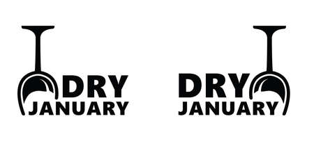 Dry January, that is an annual alcohol free month after the new year holiday. No alcohol during this . Stop drinking or drinking alcohol. Vector wine bottle and glass.のイラスト素材