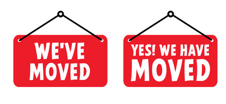 Slogan We've moved and yes we have moved signboard. Changed address. Moving office or new home sign. Flat vector message board.のイラスト素材