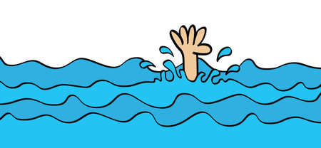 Cartoon people, man or woman and his hand drowning, needing help. Drowning victims. Failure and rescue concept. Verctor sea, water symbol or icon. In case of emergency, emergency call.のイラスト素材