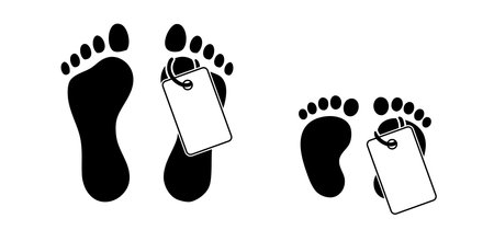 Feet with death tag. Human footprint. Dead tag. Body man or woman in morgue. Vector footstep sign. Foot print with labels. Legs are marked in mortuary or dead room. Barefoot autopsy concept. Coronaのイラスト素材