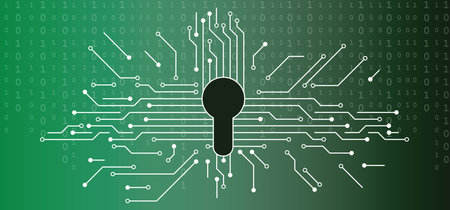 keyhole. Cloud security, open or close padlock. Lock or unlock icon. Circuit board or electronic motherboard. lines and dots connect. Vector high tech technology data. Communication and engineering concept.のイラスト素材
