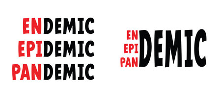 pandemic, epidemic to endemic with cartoon arrow. Corona virus, coronavirus. Covid icon or logo. In infectious diseases, a disease is called endemic when a disease continues to occur in a certain area.のイラスト素材