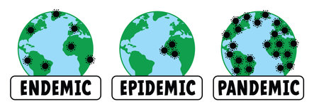pandemic, epidemic to endemic with cartoon arrow. Corona virus, coronavirus. Covid icon or logo. In infectious diseases, a disease is called endemic when a disease continues to occur in a certain area.のイラスト素材