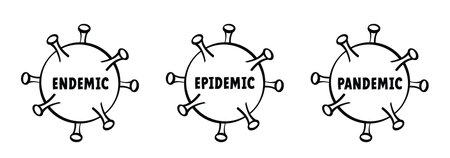 pandemic, epidemic to endemic with cartoon arrow. Corona virus, coronavirus. Covid icon or logo. In infectious diseases, a disease is called endemic when a disease continues to occur in a certain area.のイラスト素材