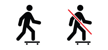 No skateboarding. Stop don't skateboard zone icon. Forbidden for Skateboards icon. Forbid depicting banned activities. Stop halt allowed, no ban signboard. Flat vector no skater sign.のイラスト素材