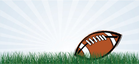 Cartoon, comic American football on green grass field. Sports team game cup. Rugby ball day. Funny super bowl weekend party. USA, sports final, school games or on street. Vector summer backgroundのイラスト素材