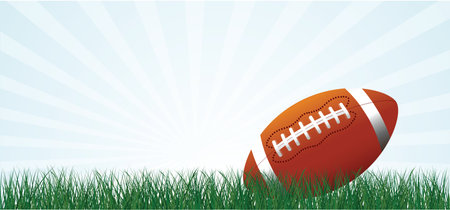 Cartoon, comic American football on green grass field. Sports team game cup. Rugby ball day. Funny super bowl weekend party. USA, sports final, school games or on street. Vector summer backgroundのイラスト素材