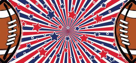 American football on green grass field. Sports team game cup. Rugby ball day. Funny super bowl weekend party. USA, sports final, school games or on street. Vector template background sign.のイラスト素材