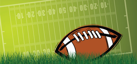 American football on green grass field. Sports team game cup. Rugby ball day. Funny super bowl weekend party. USA, sports final, school games or on street. Vector template background sign.のイラスト素材