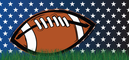 American football on green grass field. Sports team game cup. Rugby ball day. Funny super bowl weekend party. USA, sports final, school games or on street. Vector template background sign.のイラスト素材