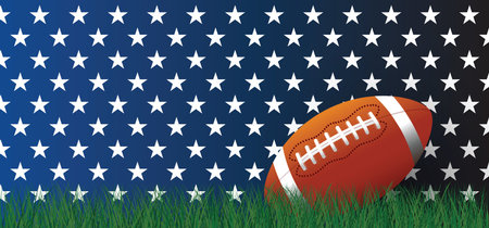 American football on green grass field. Sports team game cup. Rugby ball day. Funny super bowl weekend party. USA, sports final, school games or on street. Vector template background sign.のイラスト素材