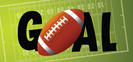 American football on green grass field. Sports team game cup. Rugby ball day. Funny super bowl weekend party. USA, sports final, school games or on street. Vector template background sign.のイラスト素材