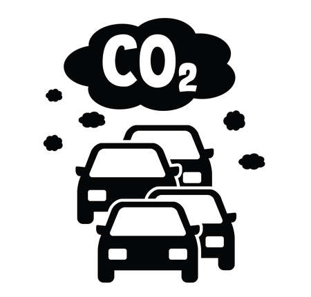 Cars and traffic CO2 clouds. traffic exhaust pollution icon. Vector icon or symbol. Car with smog. CO2 emissions. Carbon dioxide. Climate change and global warming.のイラスト素材