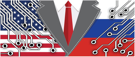 Hybrid war and warfare, DDoS attack. Cyber war, America and Russia conflict. Hackers and cyber crime, Hackers and cyber criminals phishing steal personal information, login details or password,のイラスト素材