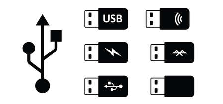 Cartoon usb icon or usb stick icon. USB port or a USB device. Digital memory type, cable plugs or universal computer cable connectorsのイラスト素材