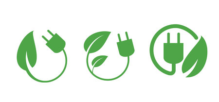 Cartoon green bio or eco power icon or symbol. Natural nergy sveing leaves and electric plugs....