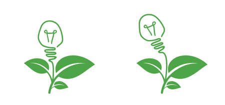 Cartoon electric light bulb, green bio or eco power icon or symbol. Natural energy lamp idea and leaves and electric plugs. Electrical cable plug with leaf. ecology conceptのイラスト素材