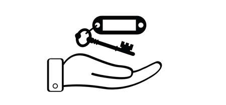 Cartoon open hand giving keys. Open hand palm icon or logo. support. Outline valet key plastic keyring and label. Empty label for hotel, work, home or house bunch key. By key sign. by keys.のイラスト素材