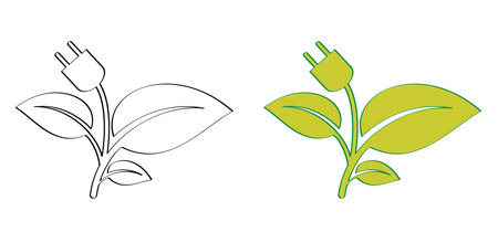 Cartoon green bio or eco power icon or symbol. Natural nergy sveing leaves and electric plugs. Electrical cable plug with leaf. ecology concept. Line patternのイラスト素材