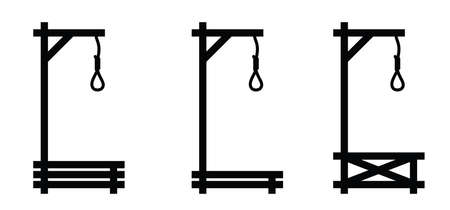 Gallows glyph icon or logo, hang and knot, rope sign. Hangman or hangwoman noose knot prevention day support and depression therapy suicide concept. Vector gallows symbol. Halloween holiday sign.のイラスト素材