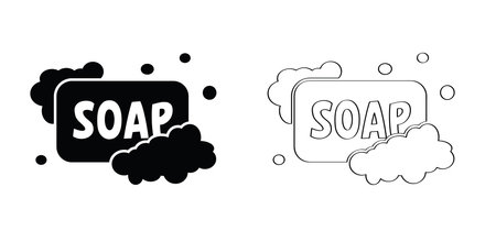 Cartoon bath soap with lather silhouette. Soap with foam and bubbles. Vector icon or symbol. Hand wash or cleanser. Personal hygiene, detergentのイラスト素材