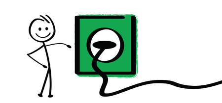 Cartoon Stickman figure, Stickman with green power and plug. green bio or eco power icon or symbol....