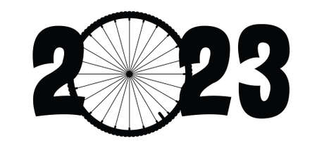 Happy new year 2023. Cartoon cycling wheels line pattern. sports icon. Cyclist wheel logo or icon. Cycling or bike rims symbolのイラスト素材