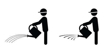 Stickman, stick figure man waters the garden. Garden hose. Grass lawn with garden hosepipe. Cartoon grass icon or pictogram. Irrigation system for drip watering lawn, field, or grass. Sprinkler, sprinkler irrigation symbol or logo. Sparkling with waterのイラスト素材