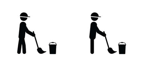 Cartoon stickman, stick figure man worker of cleaning service with bucket. Vector mopping, sweeping or washes floors icon or pictogram. clean tools. Cleaner, sweep logo.のイラスト素材
