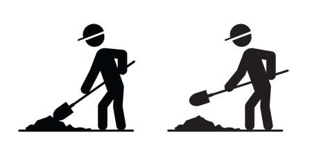 Garden scoop Stickman, stick figure man with scoop for digging. Vector icon or pictogram. garden tools. Plant hand spade logo. Builder or construction worker with safety helmet. road workのイラスト素材
